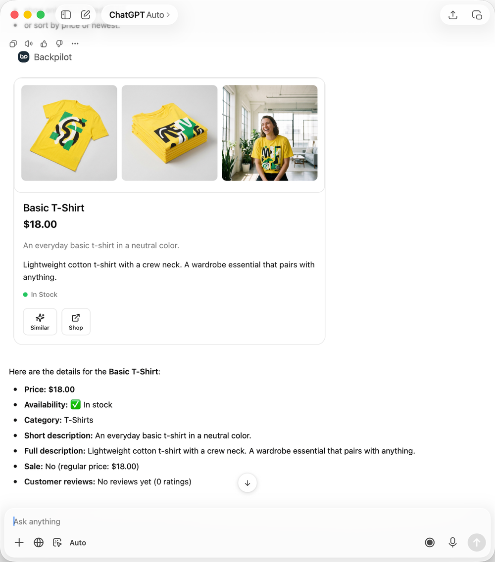 A preview of the Backpilot product-detail card for the Basic T-Shirt in ChatGPT: three photos (flat front, a folded stack, and a lifestyle shot), the $18.00 price, description, In Stock status, and Similar and Shop buttons, followed by ChatGPT's written details.