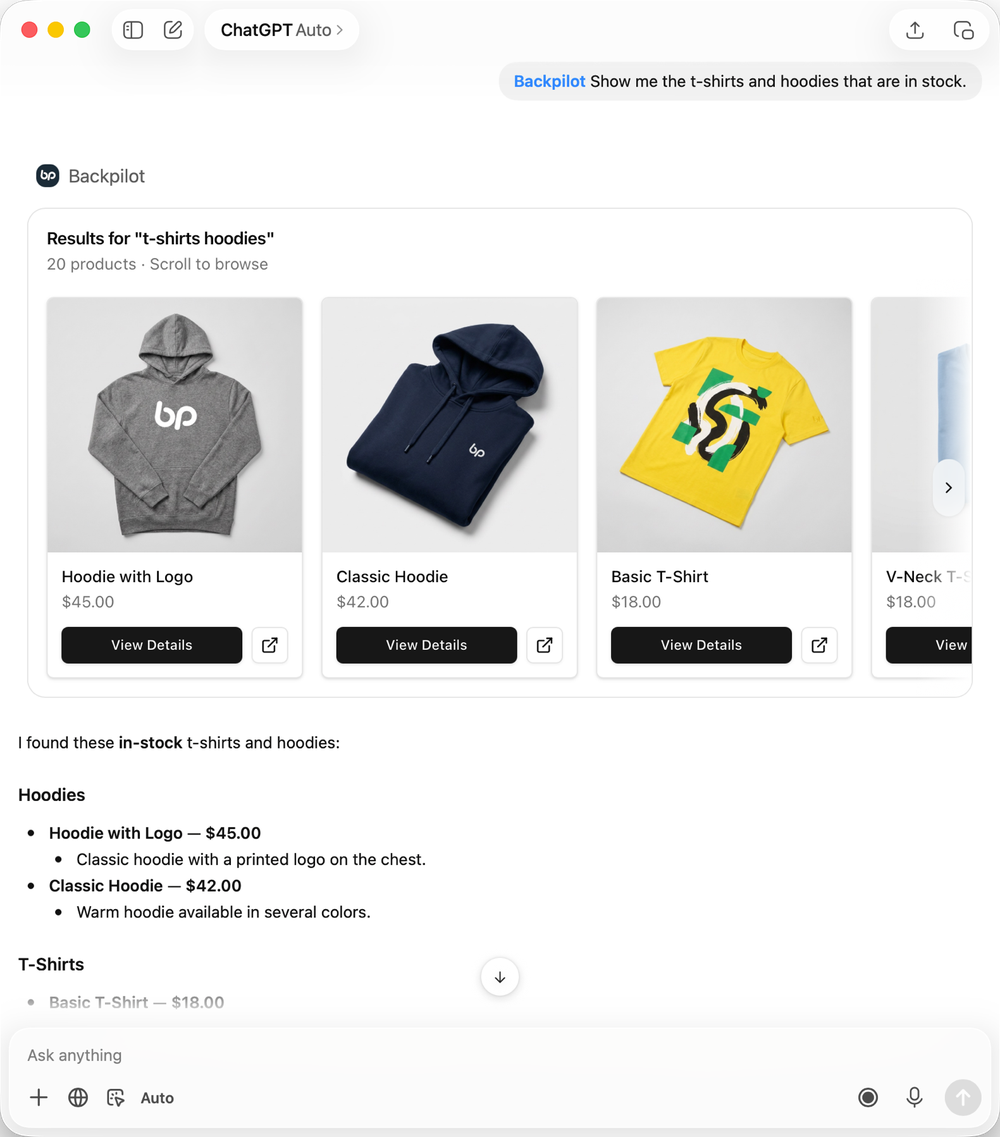 A preview of a Backpilot ChatGPT app: a shopper asks for in-stock t-shirts and hoodies and gets a scrollable product carousel, each product with a price and a View Details button.