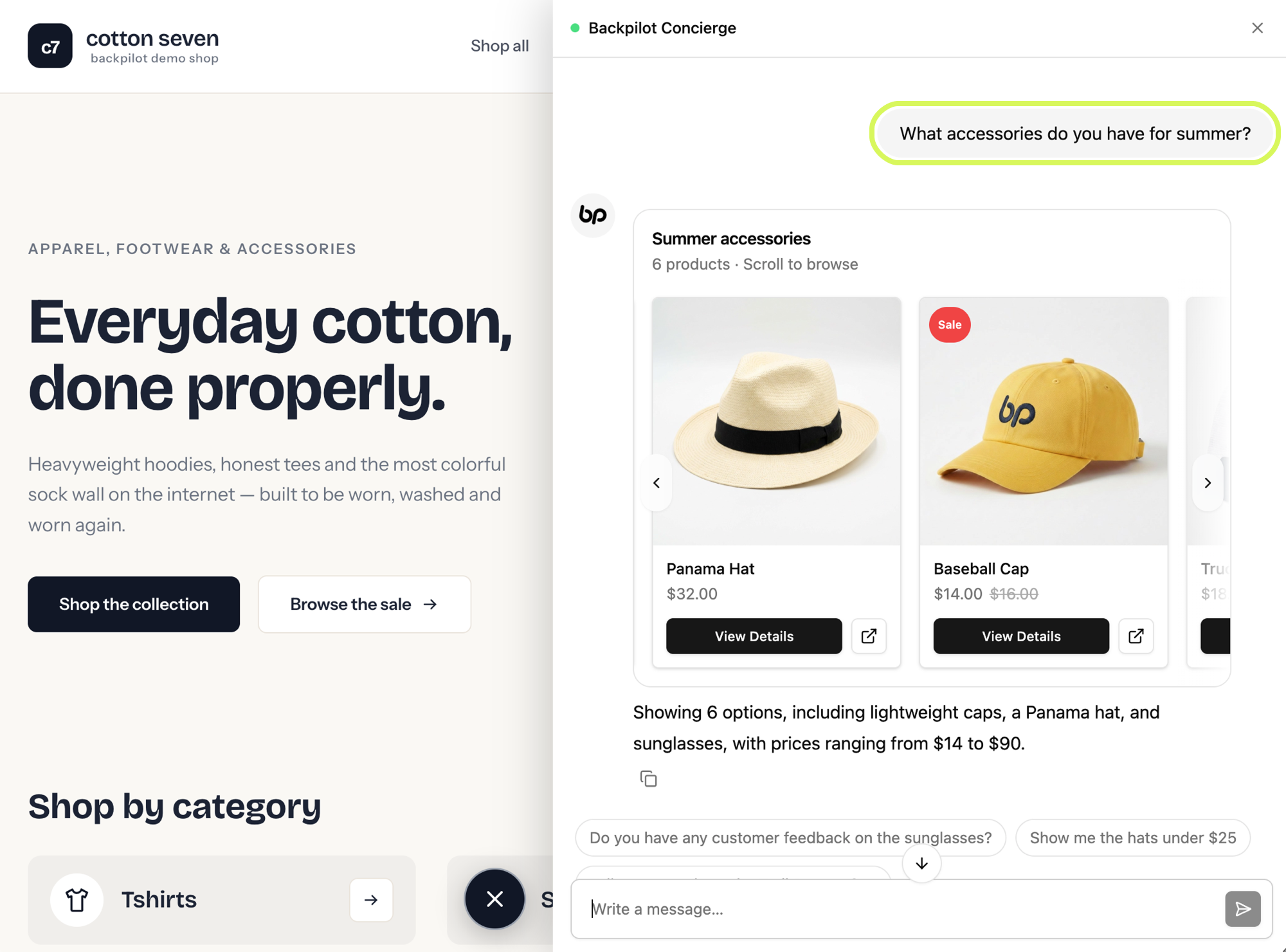 A storefront with the Backpilot drawer open: the shopper asks what accessories are available for summer and gets a product carousel with prices and a sale badge.