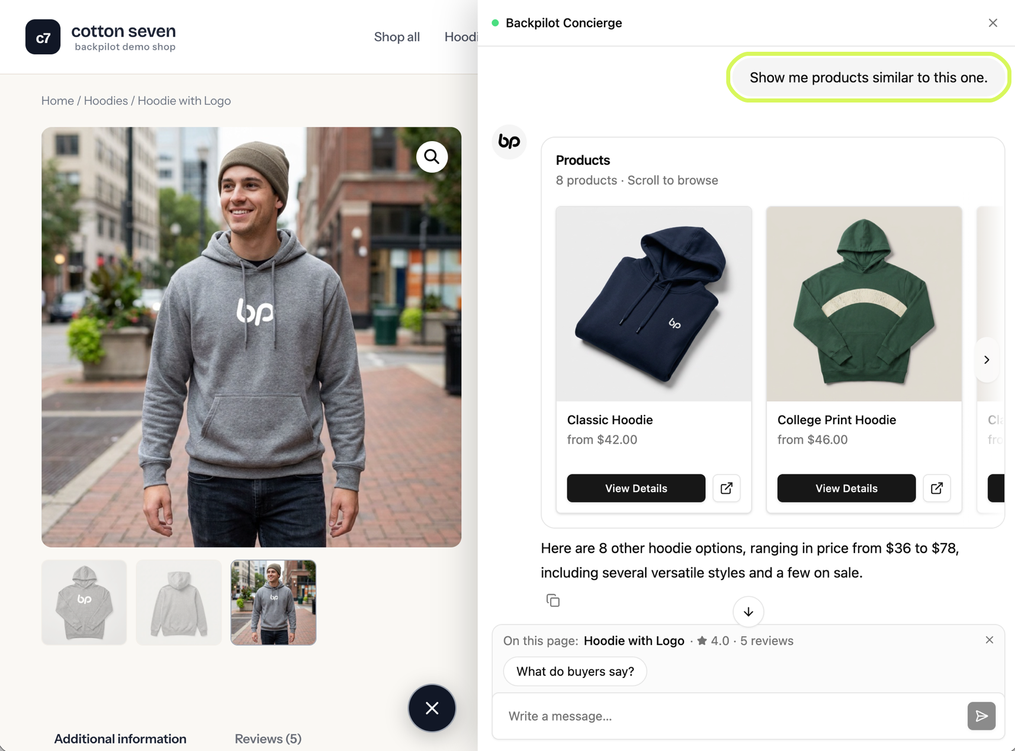 A product page with the drawer open: the shopper asks for similar products and the concierge shows other hoodies from the catalog.