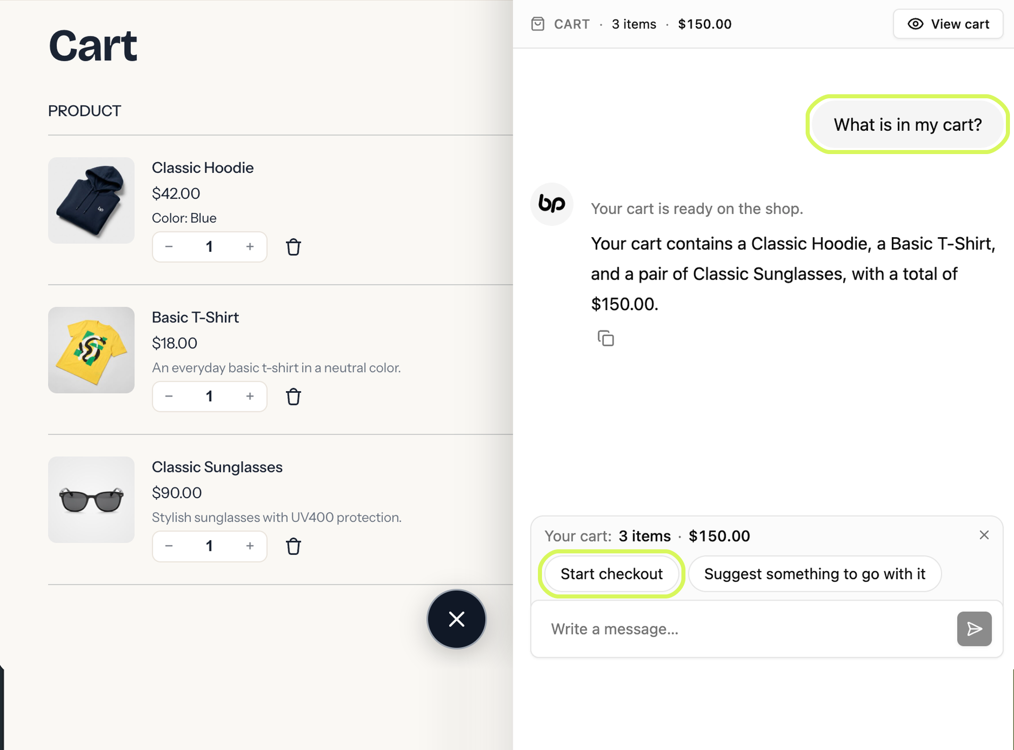 The store&rsquo;s cart page beside the drawer: the concierge lists the three items in the cart and suggests starting checkout.